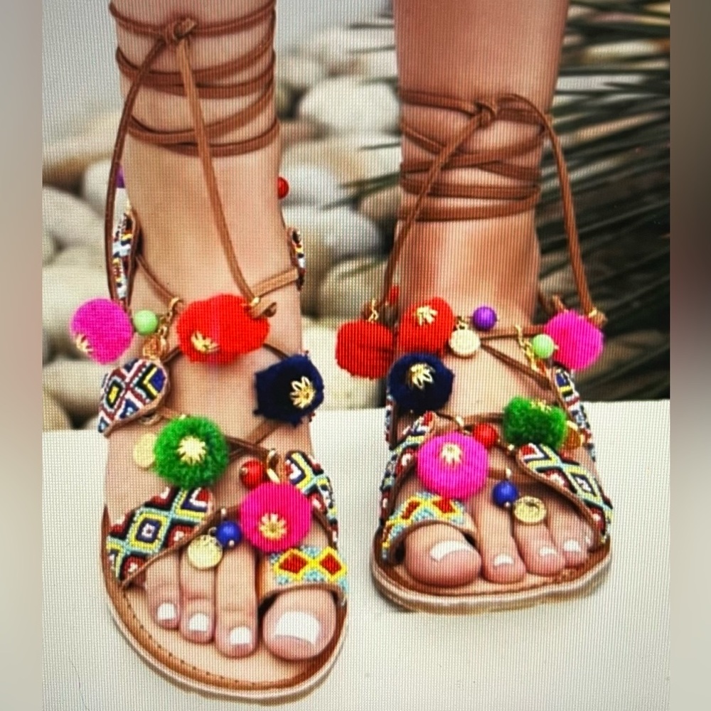 Cognac Leather Lace Up Gladiator Pom Pom Sandals